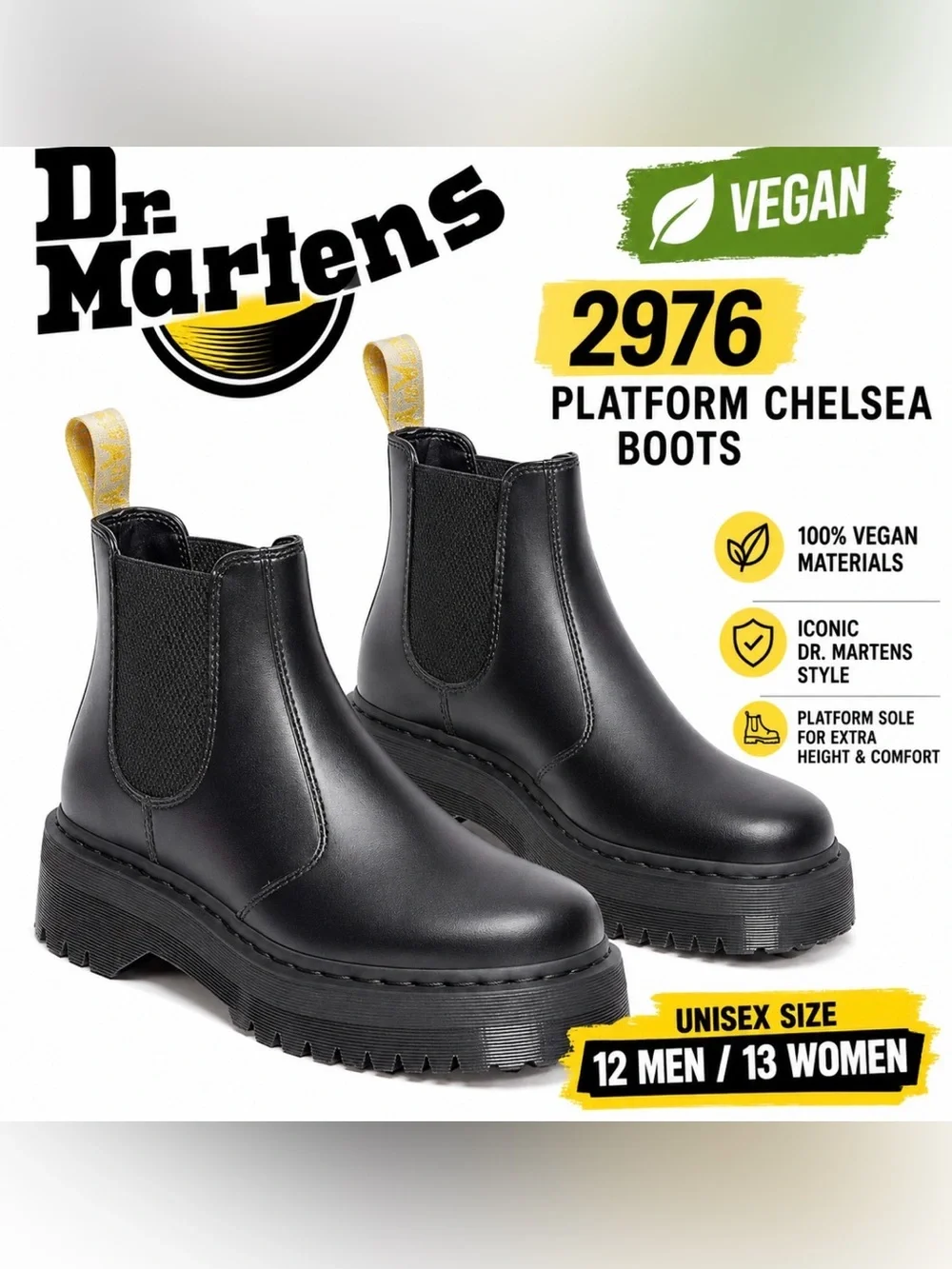 Dr. Marten Unisex Vegan 2976 Platform Chelsea Boots in black, US Size 12 Men/13